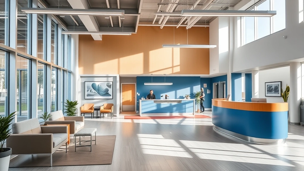 Modern university health center interior with comfortable seating, natural lighting, and welcoming reception area designed for student wellness