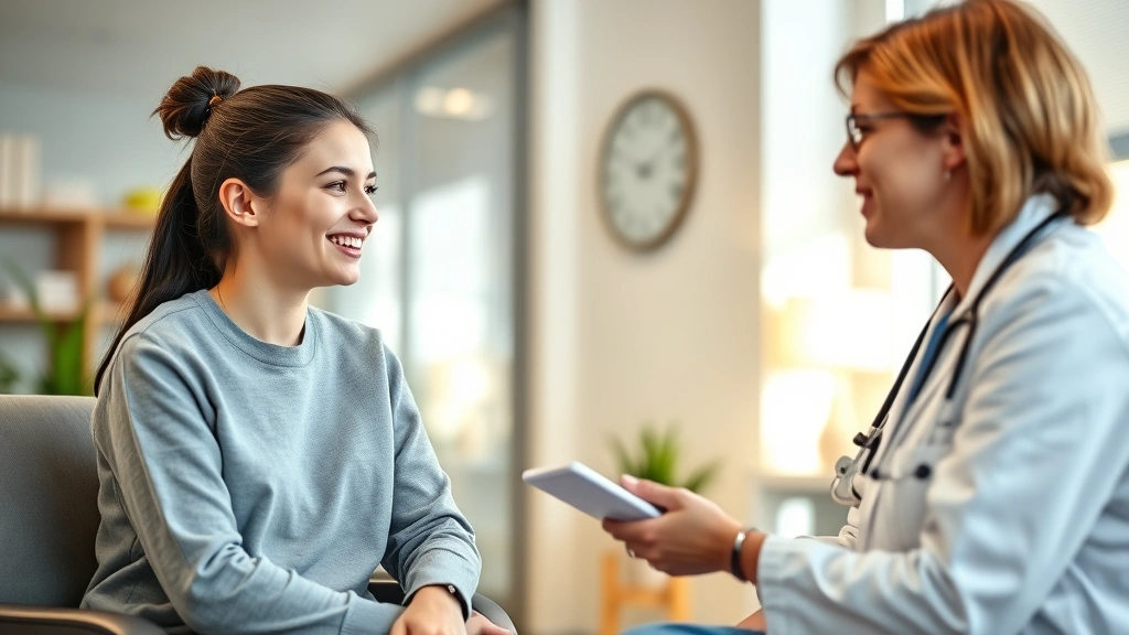 Young adult meeting with a compassionate healthcare provider in a clinical office, warm lighting, professional setting, genuine conversation moment, no charts or documents visible
