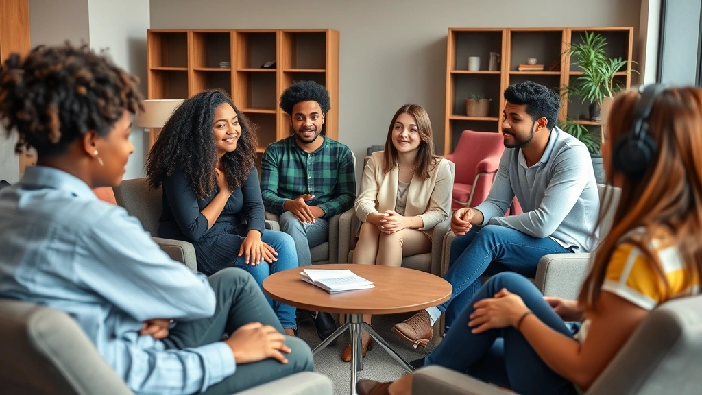 Close-up of diverse college students in a mental health support group discussion circle, sitting in comfortable chairs, engaged and supportive atmosphere