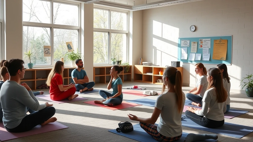 Peaceful wellness space with students engaged in stress-relief activities like meditation or stretching, natural light, calm environment, no instructional text or posters