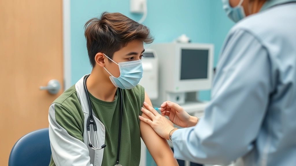 Student receiving health screening or vaccination from healthcare provider in clinical setting, showing professional medical care environment