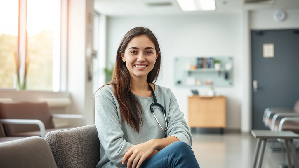 Female college student sitting in medical clinic waiting room, calm and comfortable atmosphere, modern healthcare facility with warm lighting, peaceful expression