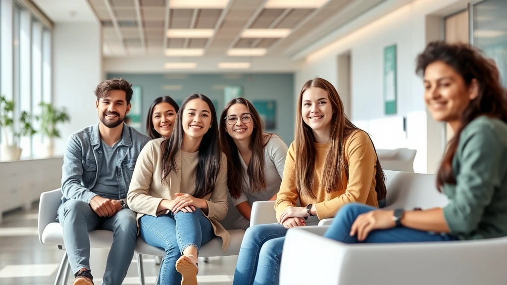 Diverse college students in a modern medical clinic waiting area with comfortable seating and natural lighting, looking calm and healthy