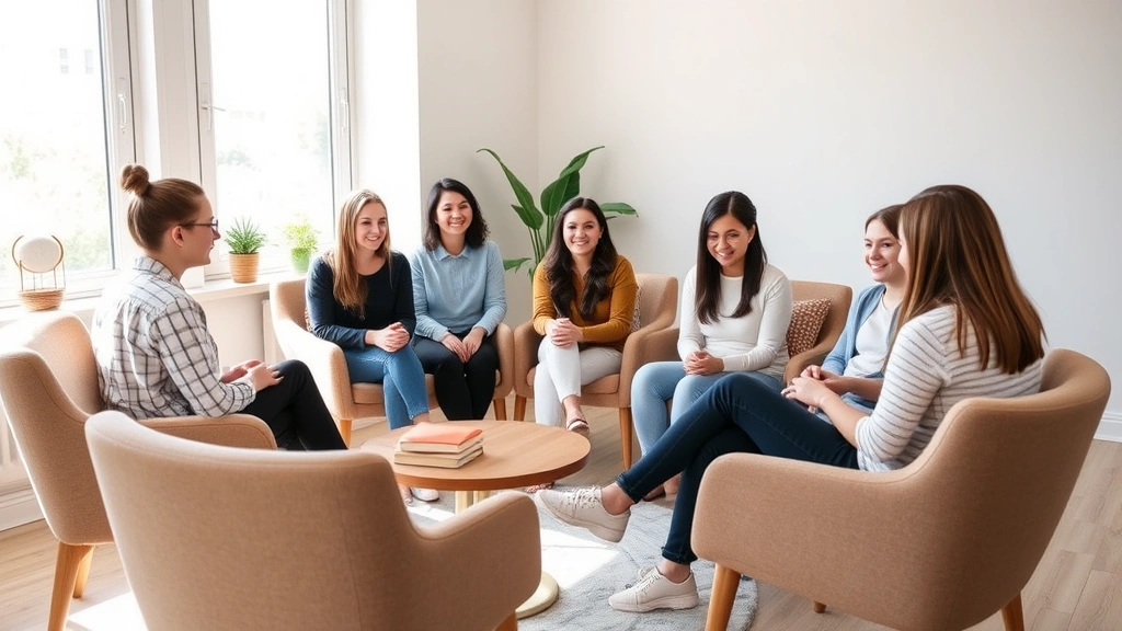 Diverse group of young adults in counseling session circle, sitting on comfortable chairs in bright wellness room, supportive environment, natural daylight from windows
