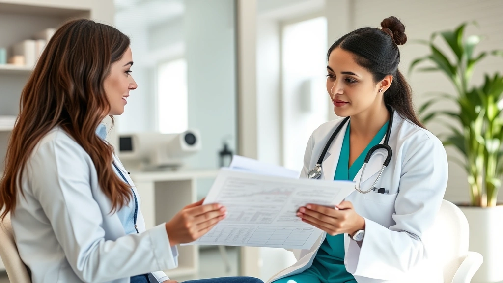 Young adult student consulting with a female healthcare provider in a bright clinical office, reviewing medical charts together