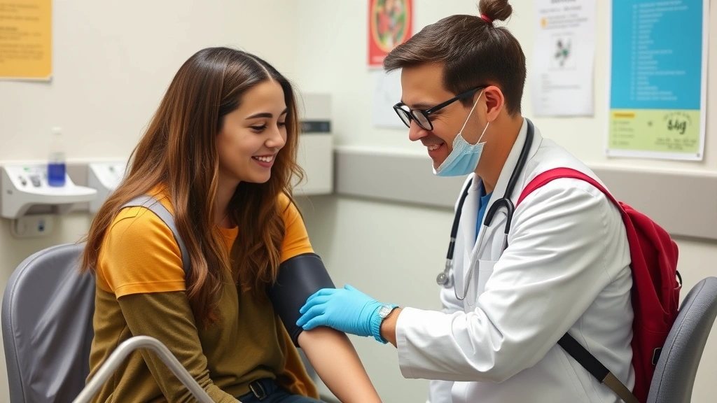 College-age student receiving health screening at wellness clinic, healthcare provider taking blood pressure, professional medical setting, focused and caring interaction