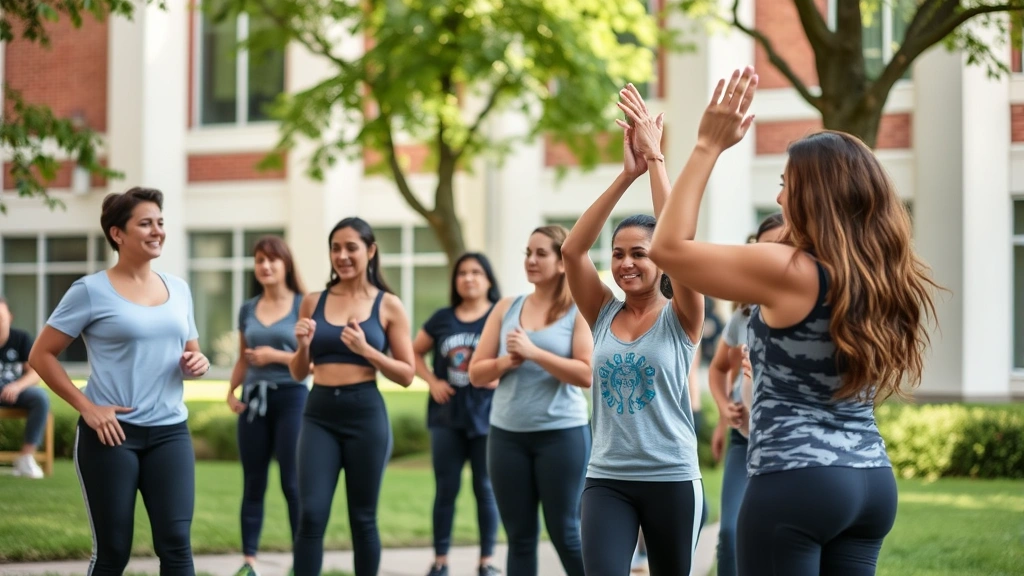 Group of students participating in a wellness workshop or fitness class on a university campus, engaged and active