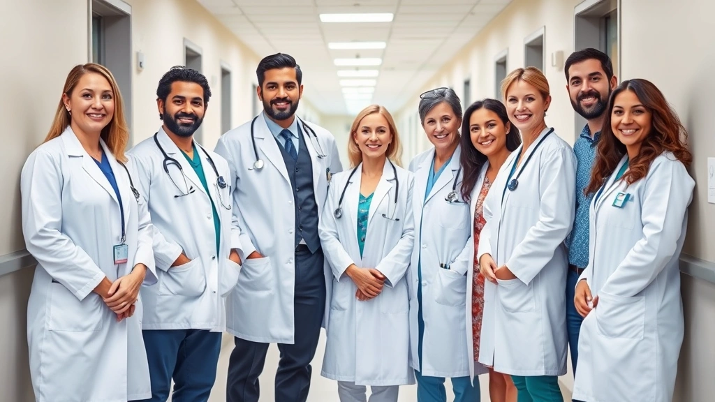 Diverse healthcare team in white coats standing together in hospital corridor, smiling, representing doctors nurses and medical professionals