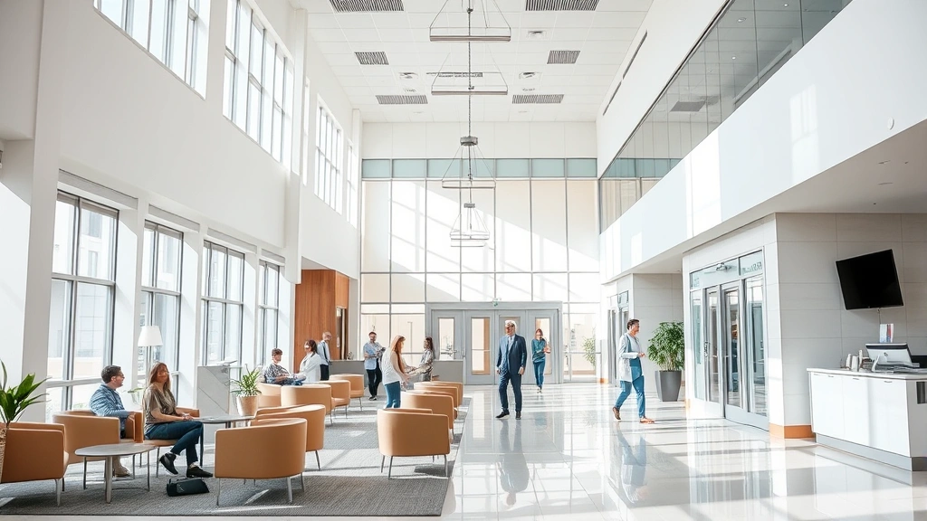 Modern medical center lobby with clean architecture, natural lighting, comfortable seating areas, and professional healthcare staff interacting with patients