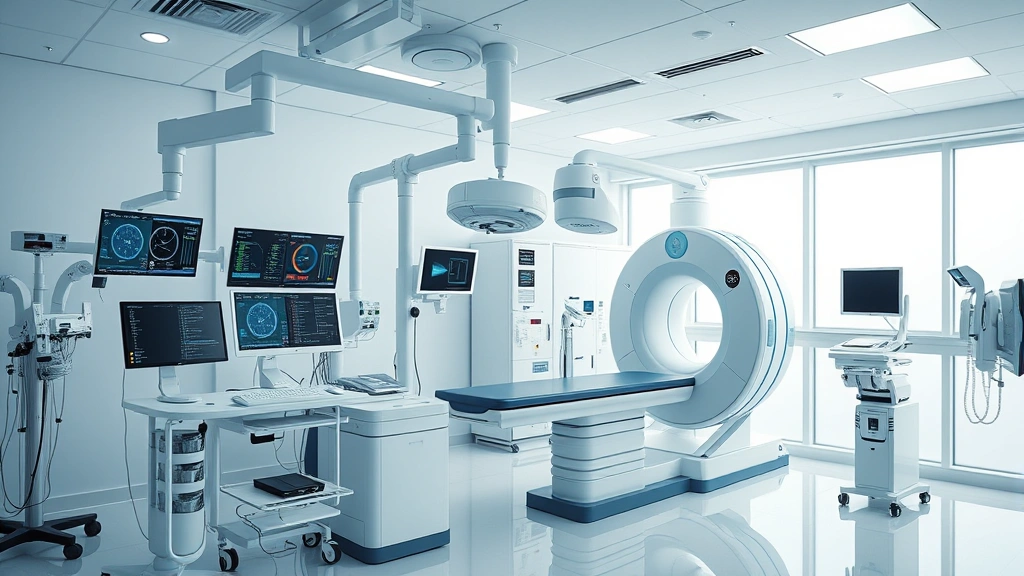 State-of-the-art medical imaging room with advanced diagnostic equipment, clinical monitors, and contemporary healthcare technology in a bright clinical setting