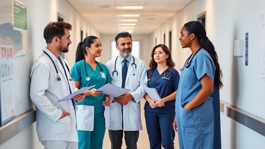 Diverse medical professionals including doctors, nurses, and specialists in modern hospital corridor having collaborative discussion about patient care