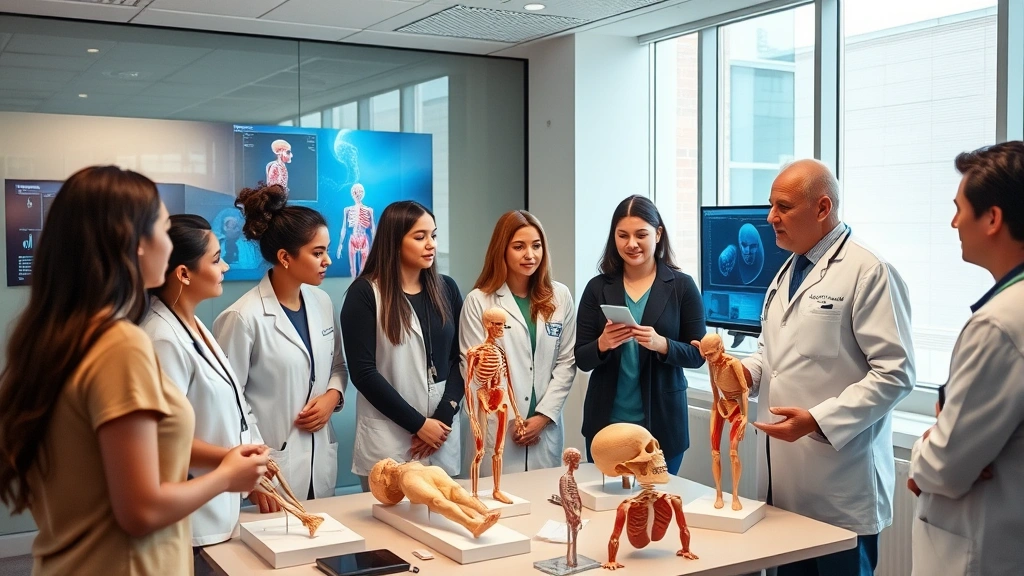 Modern medical classroom with diverse students and instructor engaged in discussion around anatomical models and digital displays