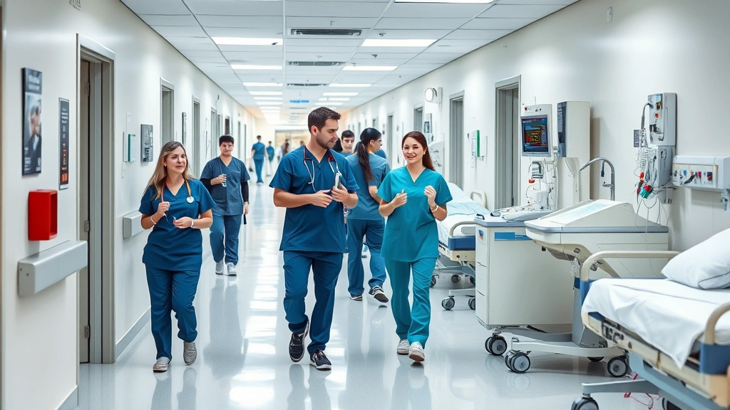 Busy hospital corridor with healthcare professionals in scrubs collaborating near patient rooms and medical equipment