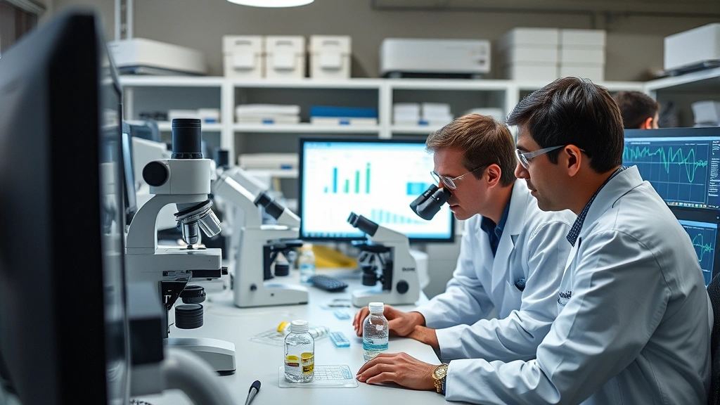 Research laboratory with scientists examining samples under microscopes and reviewing data on computer screens