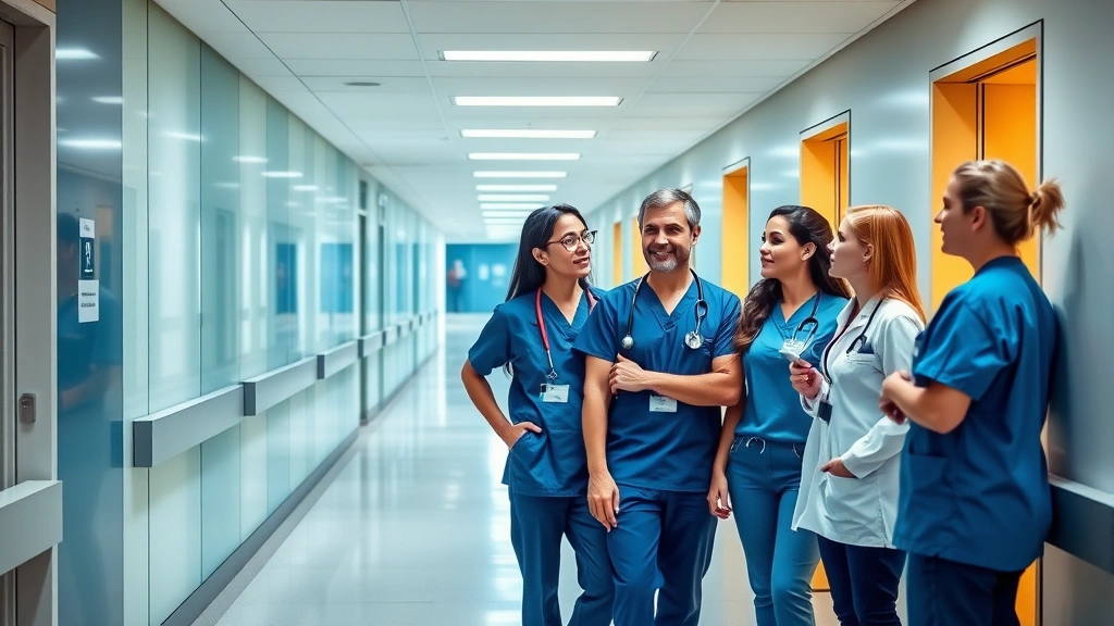 Professional healthcare team members collaborating in a modern hospital corridor, wearing scrubs and business casual attire, discussing patient care with warm lighting and contemporary medical facility design