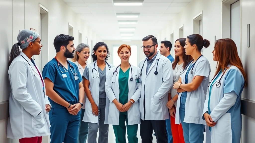 Healthcare professionals collaborating in a modern hospital corridor, diverse team members wearing scrubs and white coats, bright natural lighting, professional medical environment
