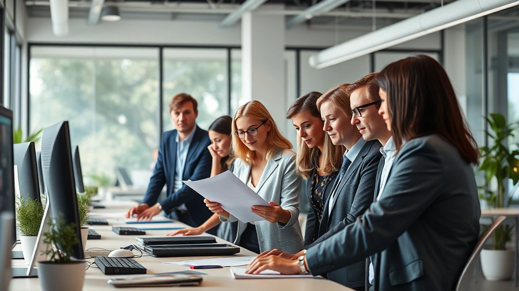 Diverse professionals in a healthcare administrative office setting, reviewing documents at collaborative workspace with computers, plants, and natural light coming through large windows