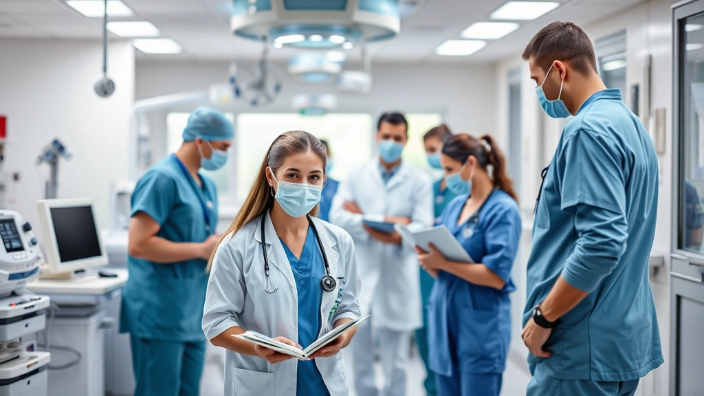 Medical professionals and support staff in a busy hospital environment, showing various roles including nurses, technicians, and administrative staff working together in clinical setting with modern equipment