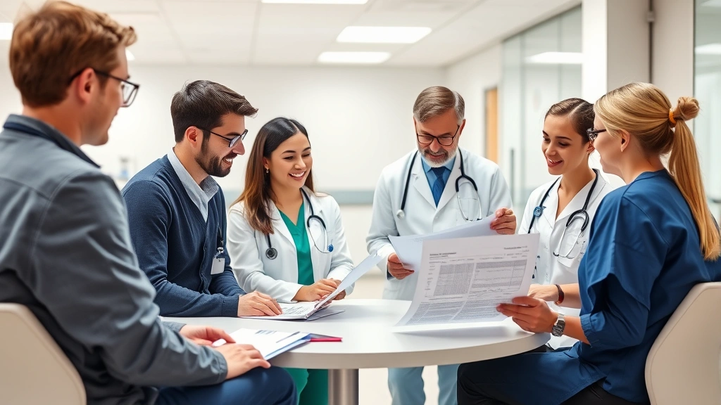 Diverse healthcare team in a clinical meeting room reviewing charts and research materials, engaged discussion, bright modern healthcare facility interior