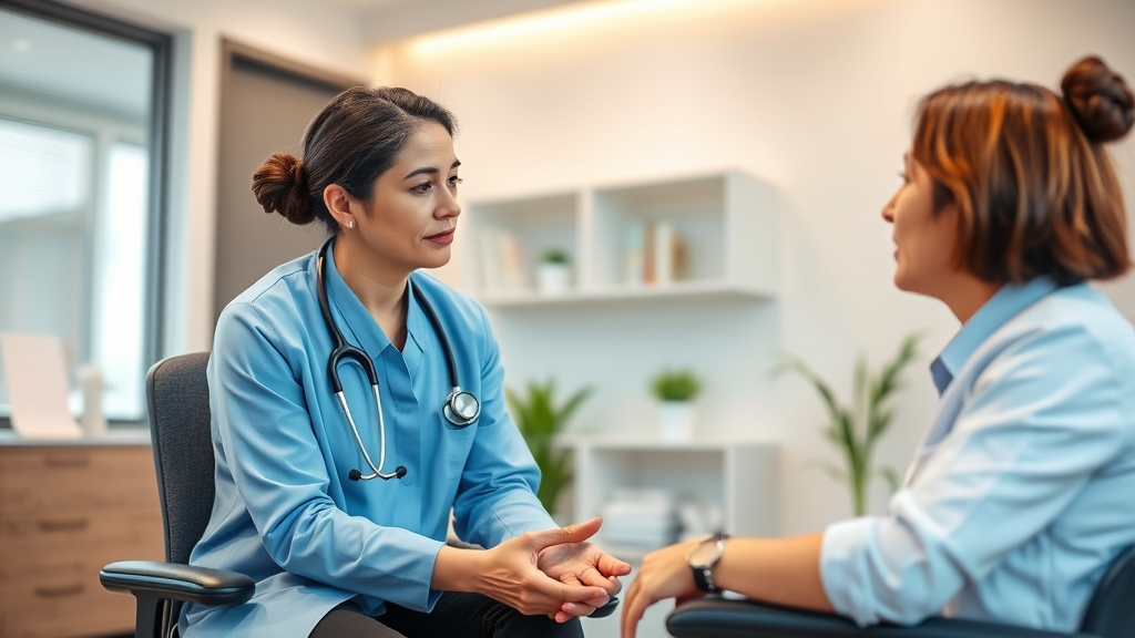 Peaceful healthcare professional consulting with patient in modern medical office, soft lighting, calming atmosphere, no text no words no letters