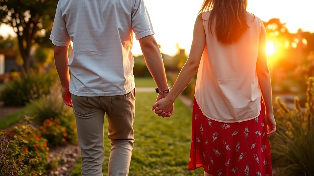 A couple holding hands while walking through a peaceful garden at sunset, showing genuine connection and comfort between two people