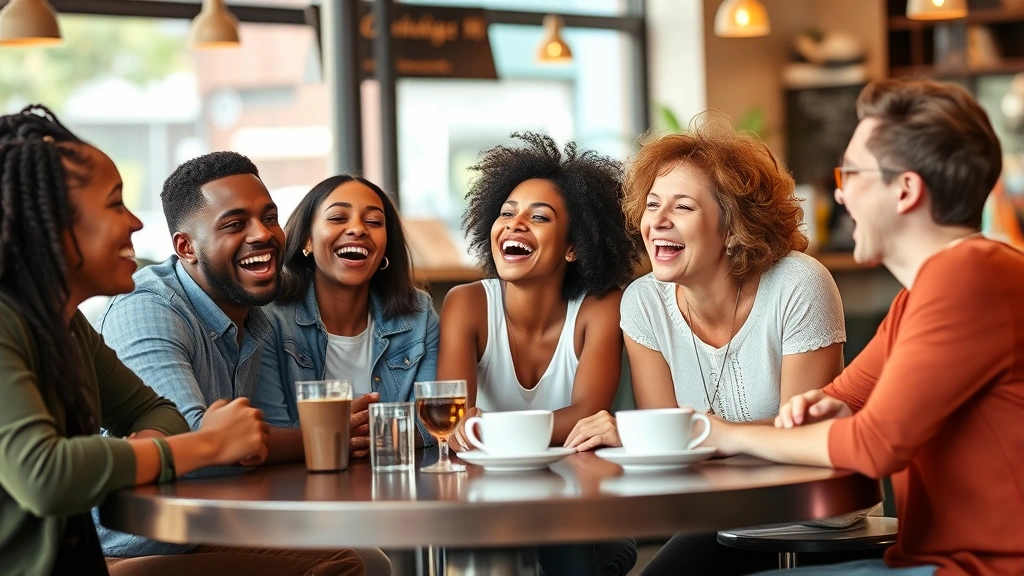 A diverse group of friends laughing together at a coffee shop table, displaying authentic joy and emotional warmth in friendship