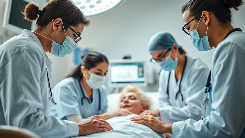 Close-up of healthcare professionals collaborating at patient bedside, focused on clinical care delivery, monitors and medical equipment visible, compassionate patient interaction moment