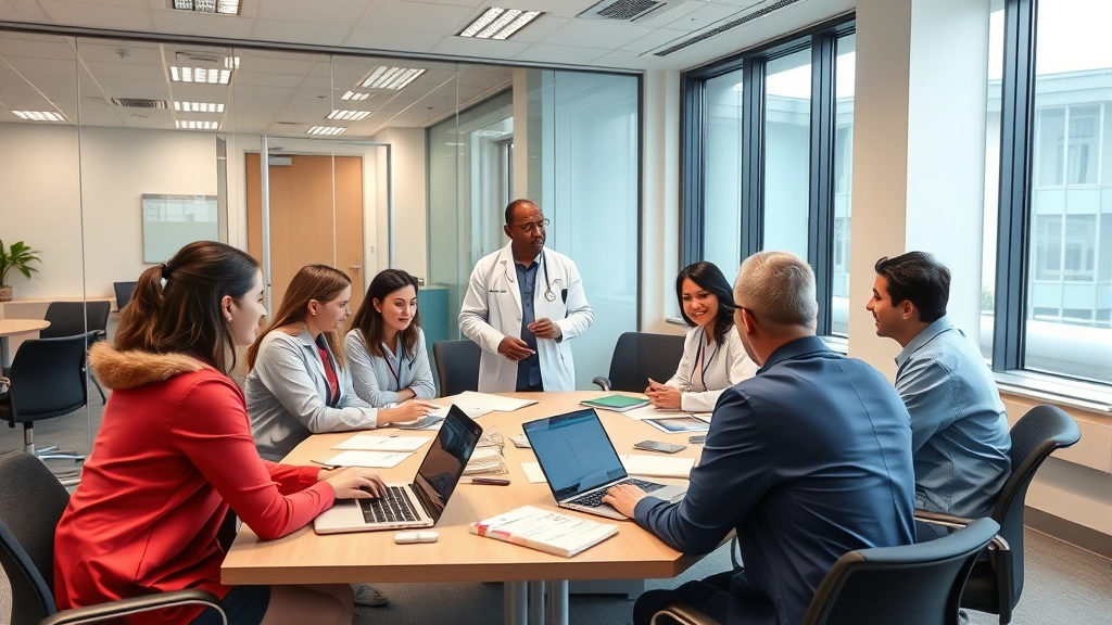 Diverse group of medical professionals in conference room during training session, laptop and educational materials on table, engaged discussion and learning environment, modern healthcare facility setting