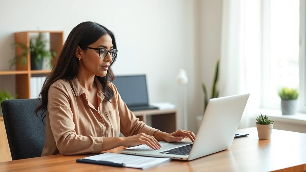 Woman sitting at desk with laptop reviewing health insurance documents and comparing plan options, bright natural lighting from window, professional home office setting