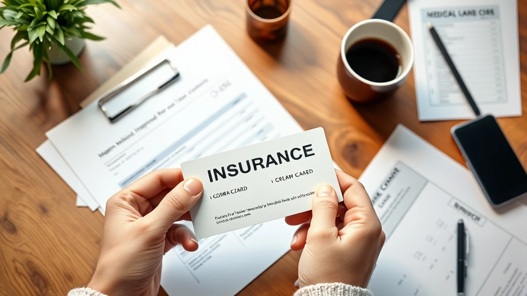 Close-up of hands holding insurance card and medical documents on wooden table with coffee cup, warm natural light, organized paperwork layout