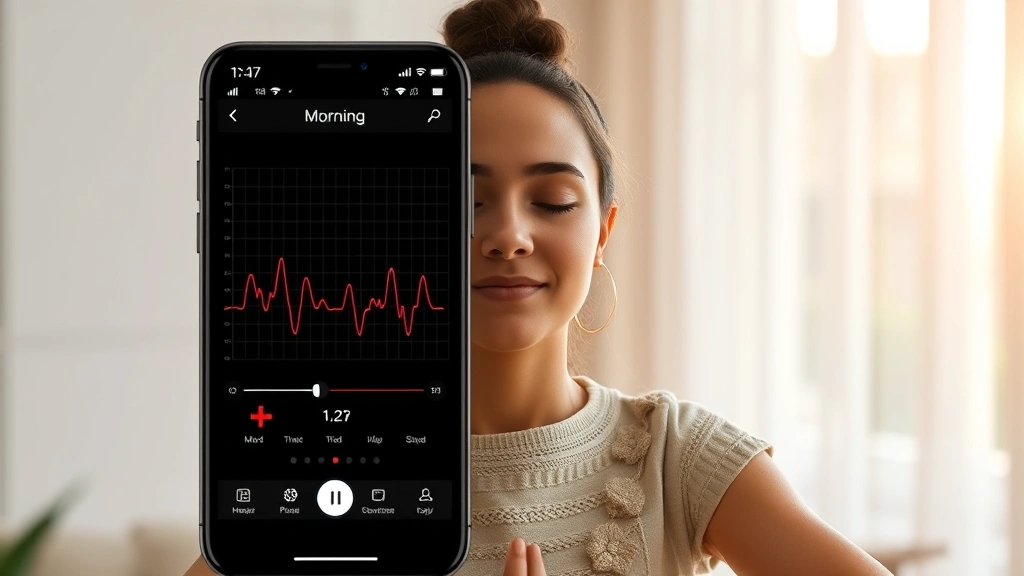 Split view comparing heart rate variability data on app interface with person doing morning meditation, peaceful wellness environment, no text visible on screen