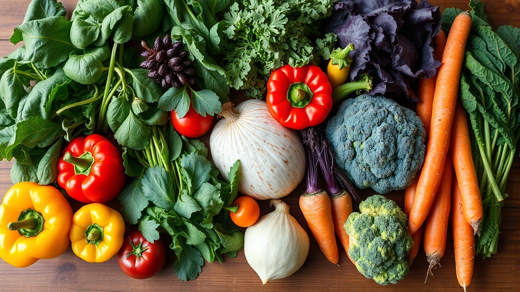 Vibrant assortment of colorful vegetables and leafy greens on wooden surface, including spinach, kale, bell peppers, carrots, and broccoli, natural lighting, shallow depth of field
