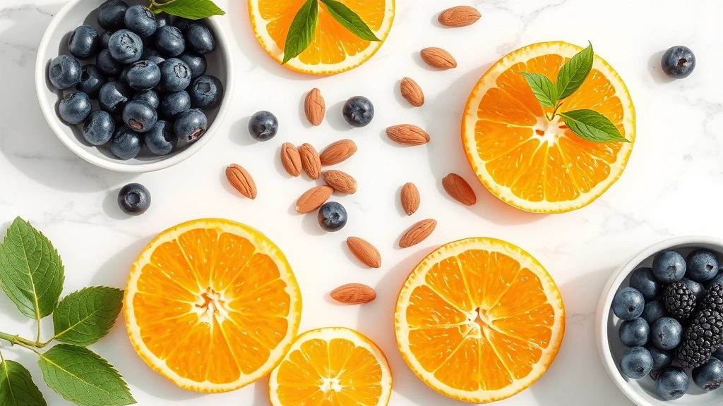 Overhead view of fresh citrus fruits, berries, and nuts arranged on white marble countertop, including oranges, blueberries, almonds, and sunflower seeds, bright natural light