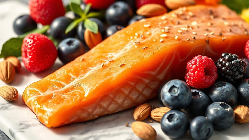 Close-up of salmon fillet and fresh berries including blueberries and blackberries arranged with almonds on a marble countertop, warm natural light