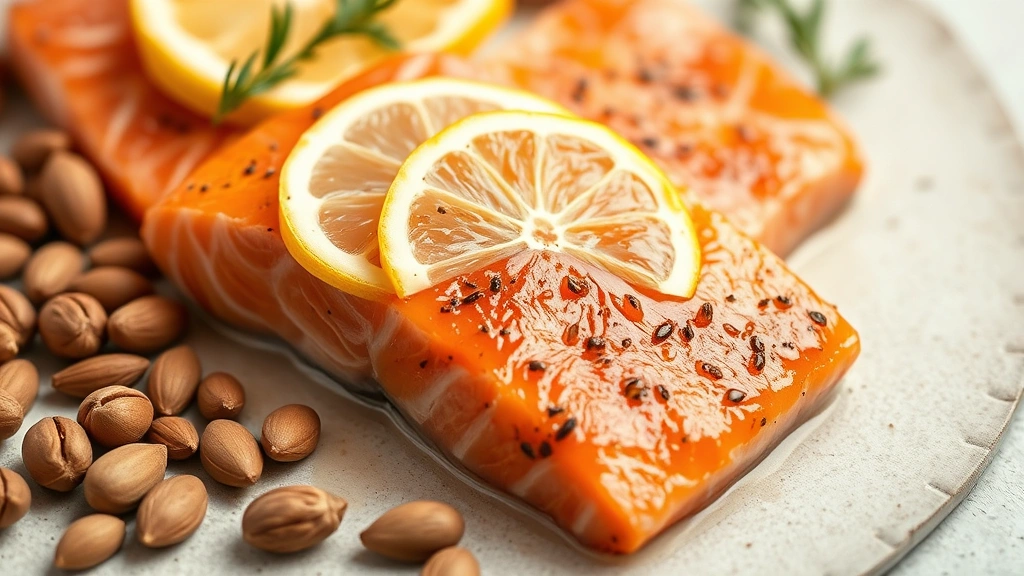 Close-up of fresh salmon fillet with lemon slices, alongside pumpkin seeds and walnuts on neutral background, professional food photography style, warm lighting