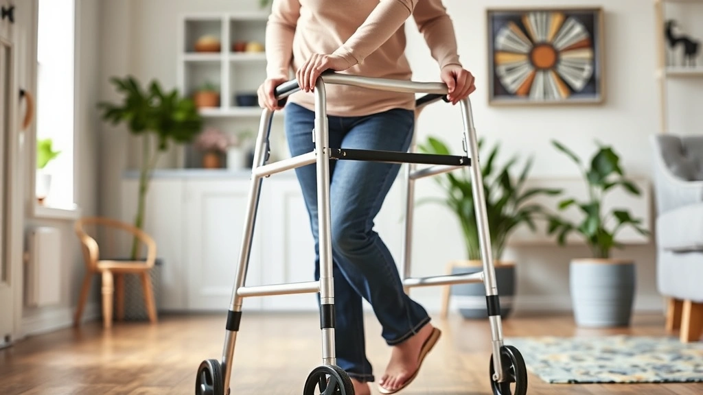 A person using a lightweight aluminum walker in a bright home setting, demonstrating proper posture and mobility support during daily activities