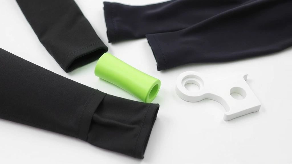 Close-up of compression sleeves and mobility aids arranged on a clean white surface, showing material quality and construction details