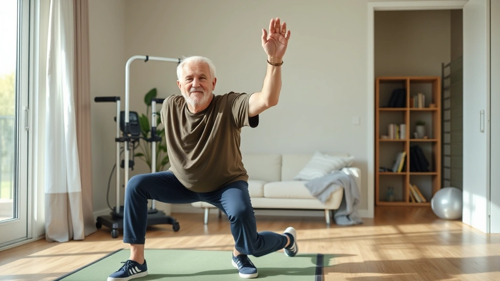 An active older adult doing gentle exercises at home with recovery equipment visible in the background, emphasizing functional wellness and independence