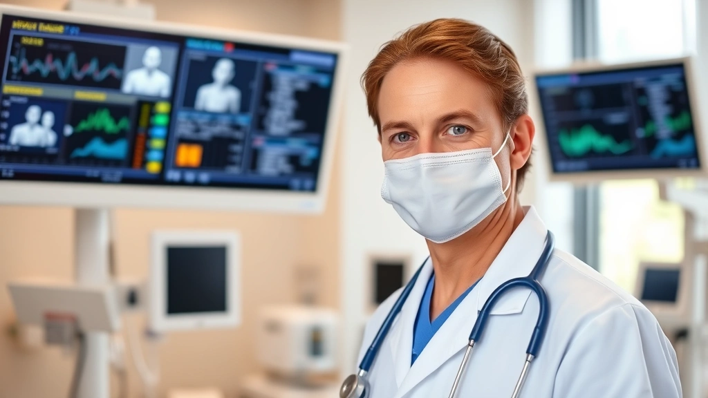 Healthcare professional in modern clinical setting with digital displays showing patient data, natural lighting, professional atmosphere, no text or numbers visible