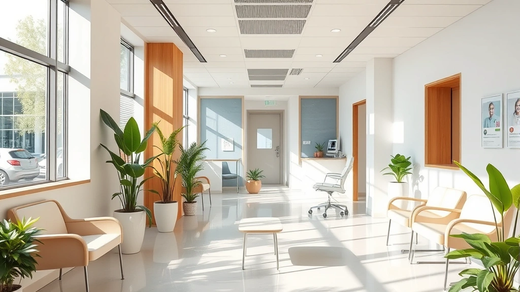 Modern medical clinic interior with comfortable waiting area, natural lighting, contemporary design, plants, welcoming atmosphere, no people visible