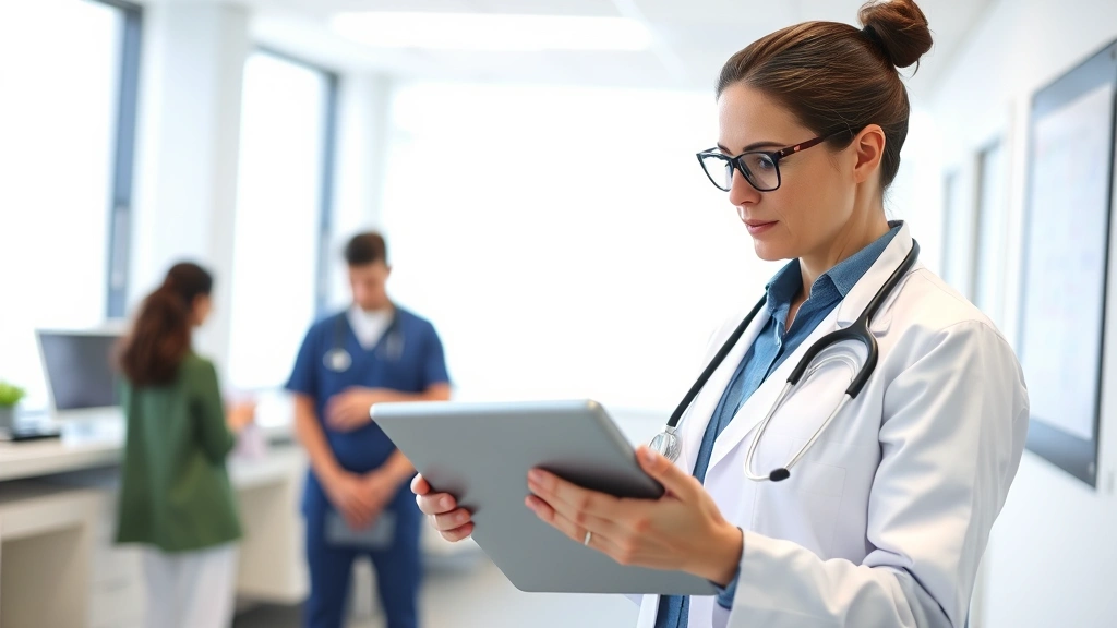 Healthcare professional reviewing patient data on tablet screen in bright medical office setting, focused expression, professional attire, no visible patient faces