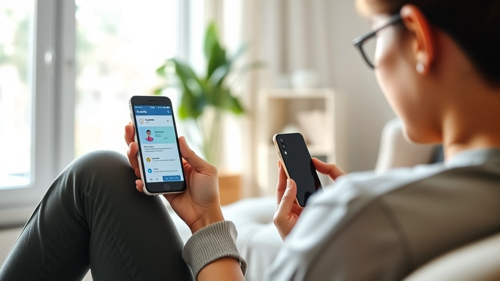 Person using smartphone to access health app, sitting in comfortable home environment, bright natural light, relaxed posture, health-focused interface visible on screen