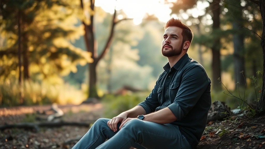 Man sitting peacefully in nature, looking contemplative and calm, surrounded by trees and soft natural lighting, serene outdoor setting