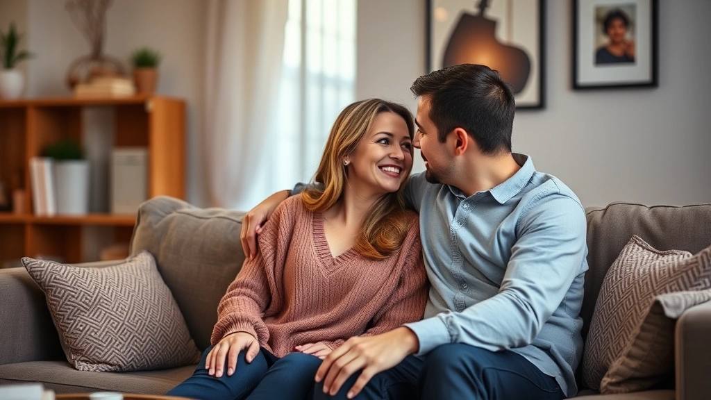 Couple having intimate conversation in living room, sitting close together, warm lighting, expressing genuine connection and trust, representing healthy relationship intimacy