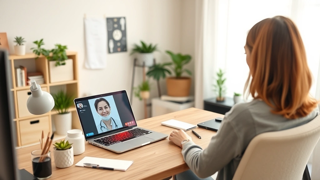 Young professional in casual home office setting during a video call with a healthcare provider on laptop screen, organized desk with wellness items, calm and supportive atmosphere