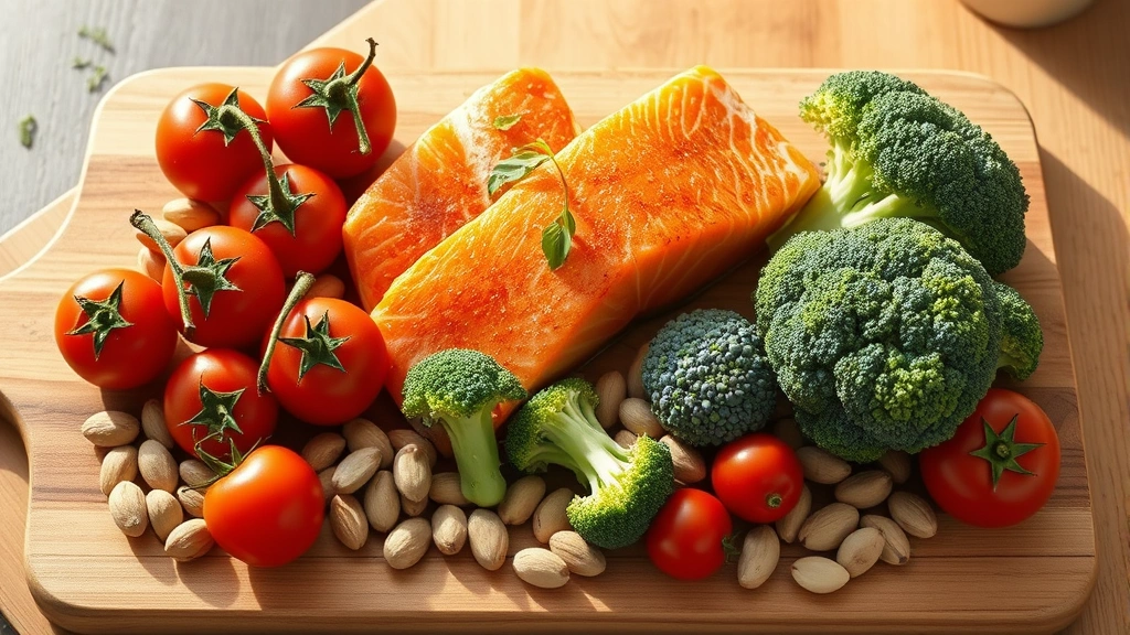 Vibrant array of fresh tomatoes, salmon fillets, broccoli florets, and Brazil nuts arranged on a natural wooden cutting board with soft morning light, lifestyle photography, healthy eating aesthetic