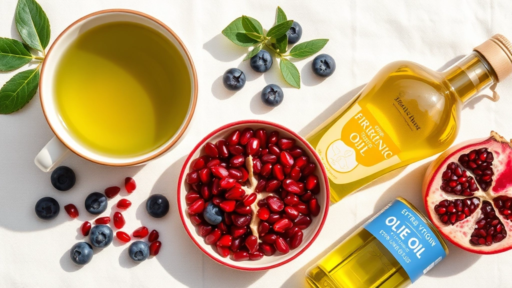 Overhead flat lay of green tea cup, blueberries, pomegranate seeds, and extra virgin olive oil bottle on light linen tablecloth, bright natural daylight, wellness-focused composition