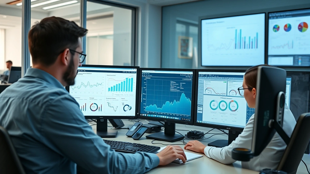 Professional public health team reviewing epidemiological data on computer screens in modern health department office with charts and graphs visible