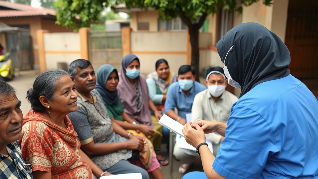 Community health worker conducting vaccination clinic in diverse neighborhood setting with residents of various ages receiving preventive care services