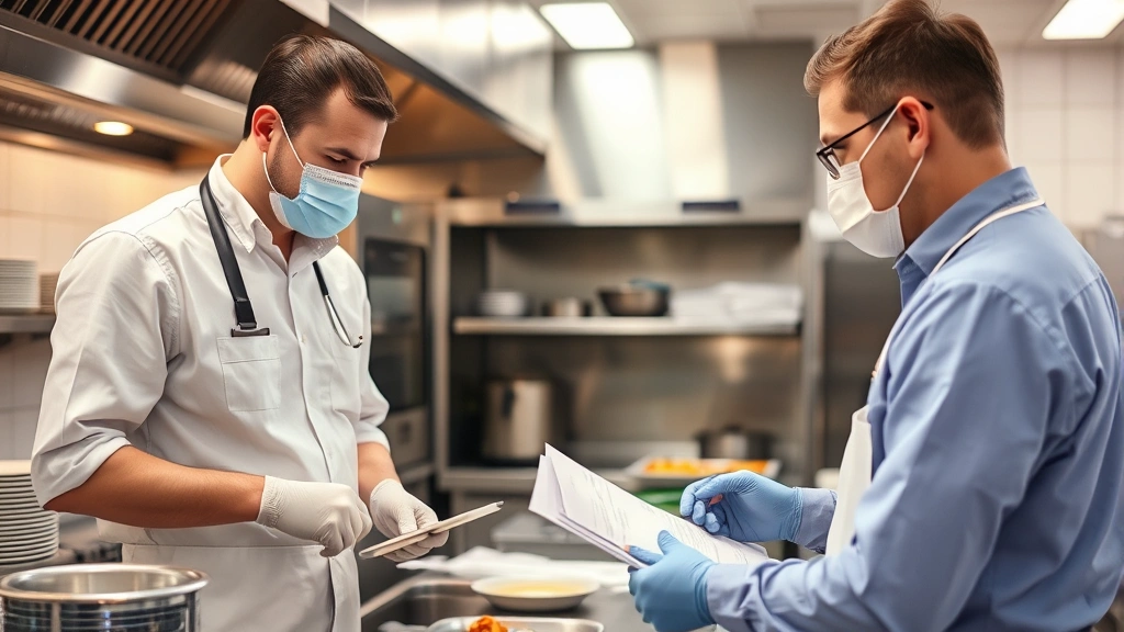 Environmental health inspector examining food safety practices in restaurant kitchen with professional equipment and documentation visible